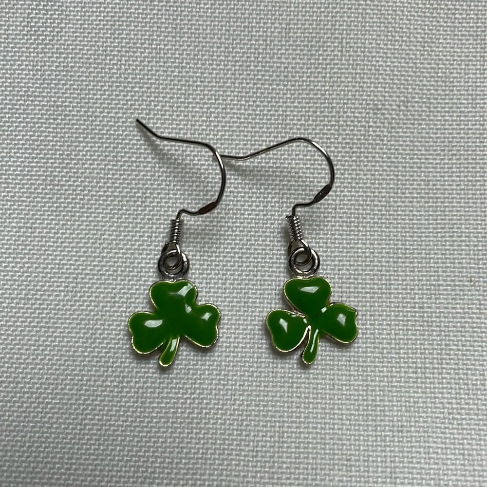 Green clover earrings, white gold plated hooks. .5” Shamrock St. Patrick’s day